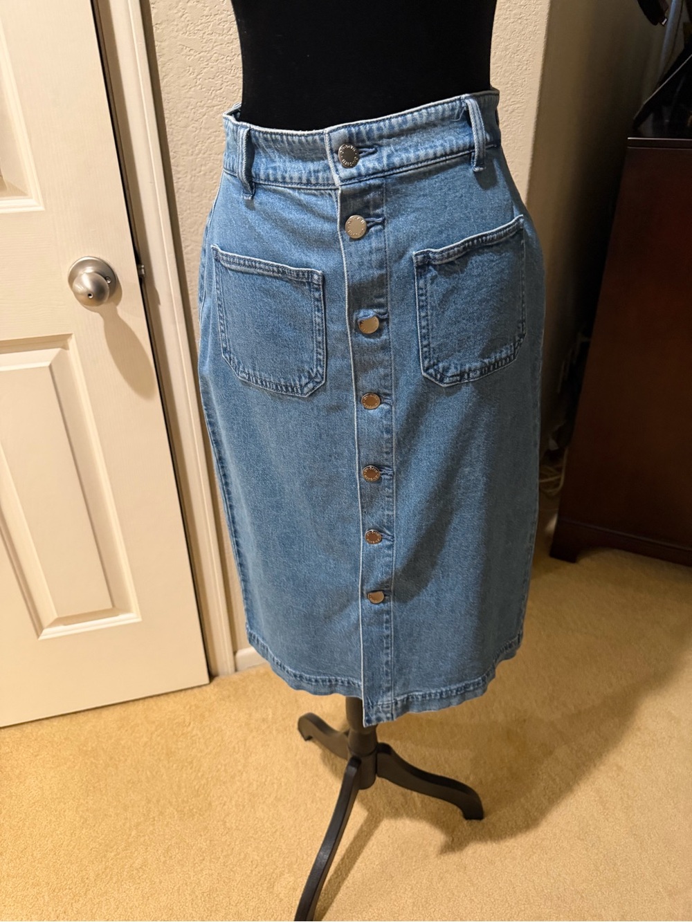 High-Waist Button-Front Denim Midi Skirt in Light Blue